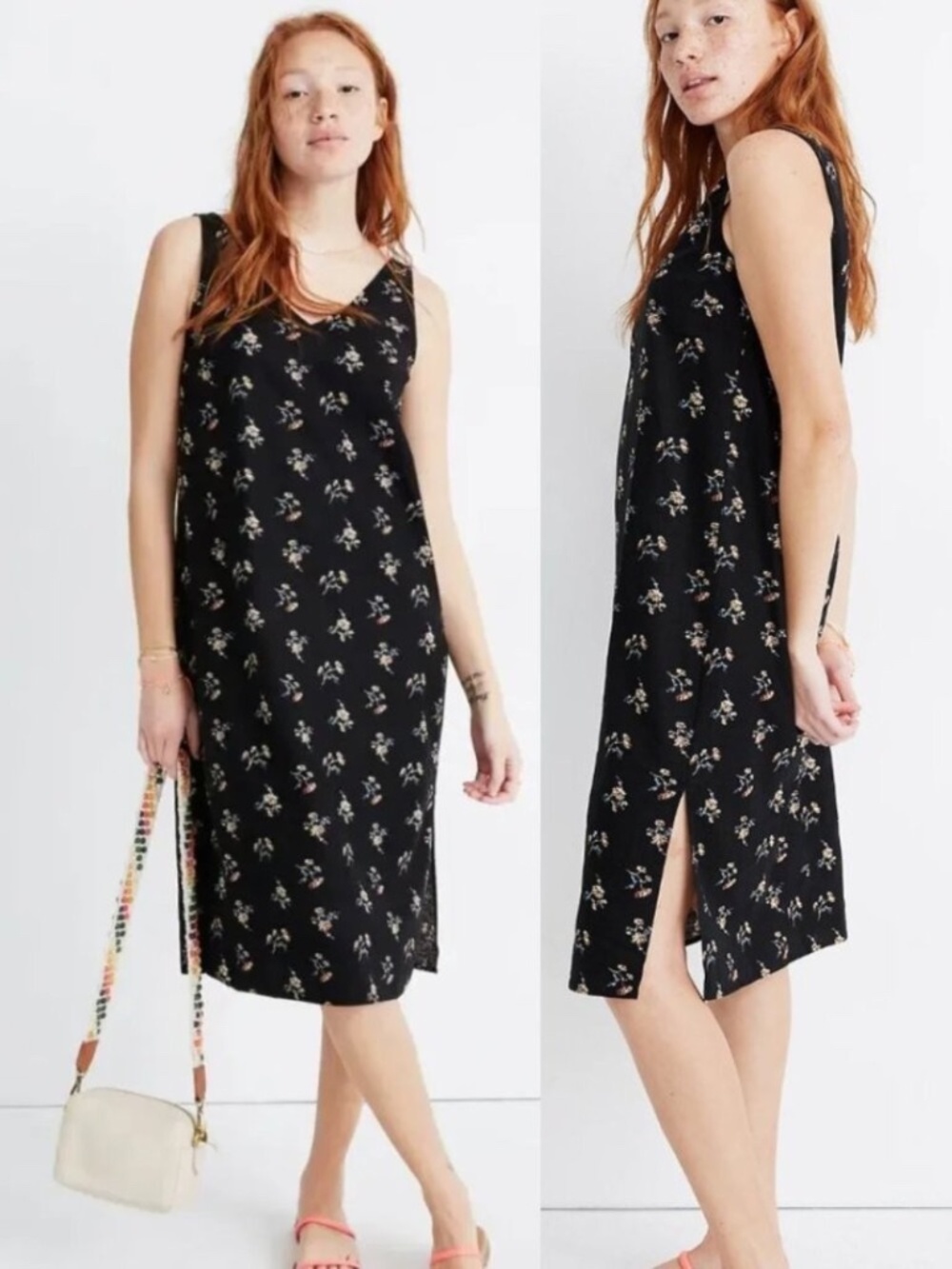 Madewell Linen Blend V Neck Midi Tank Dress Marseille Daisies XS MA162